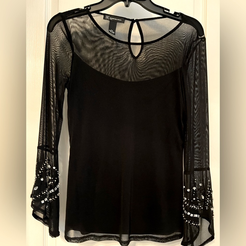 INC Petite Black blouse with embellished sleeves